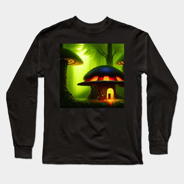 Magical Big Cottage Mushroom House with Lights in Forest with High Trees, Mushroom Aesthetic Long Sleeve T-Shirt by Promen Art